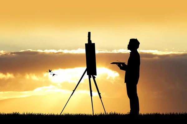 Pintor pinta el atardecer — Foto de Stock