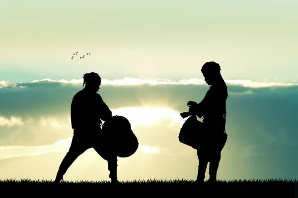 African men playing the drum at sunset — Stock Photo, Image