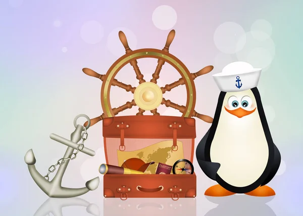 Tučňák s objekty námořník — Stock fotografie