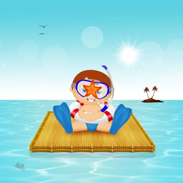 Ребенок с морской звездой на маске для акваланга — стоковое фото