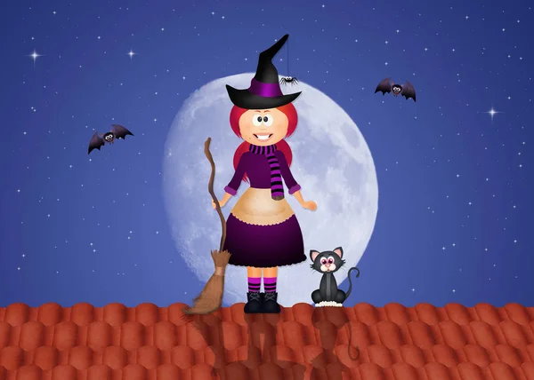 Halloween czarownica i czarny kot — Zdjęcie stockowe