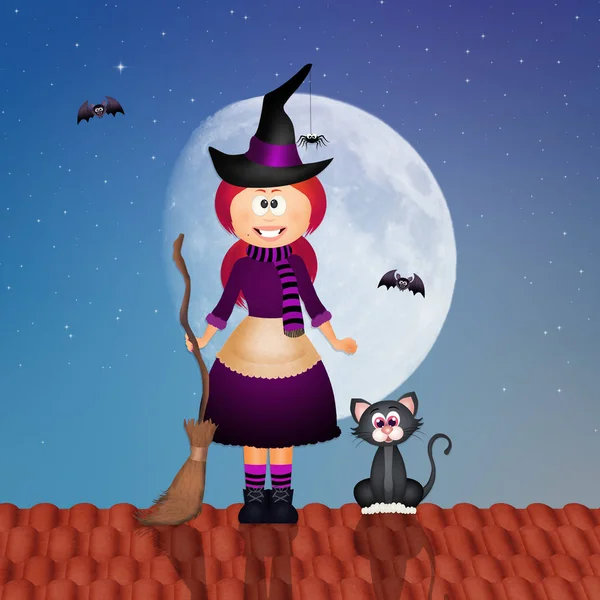 Хэллоуинская ведьма и чёрная кошка — стоковое фото