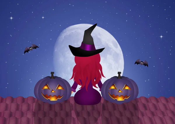 Halloween heks en pompoenen — Stockfoto