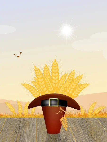 Ears of corn in Thanksgiving hat — Stock Photo, Image
