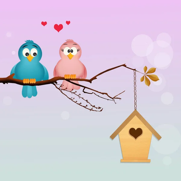 Pássaros apaixonados e birdhouse — Fotografia de Stock
