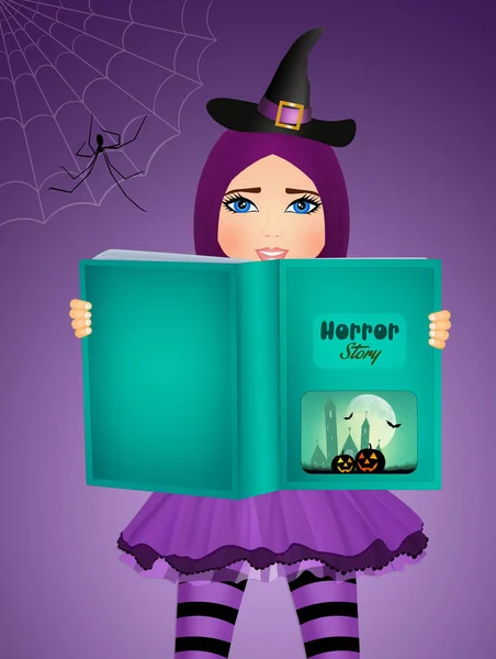 Czarownica odczytuje historie strachu na Halloween — Zdjęcie stockowe