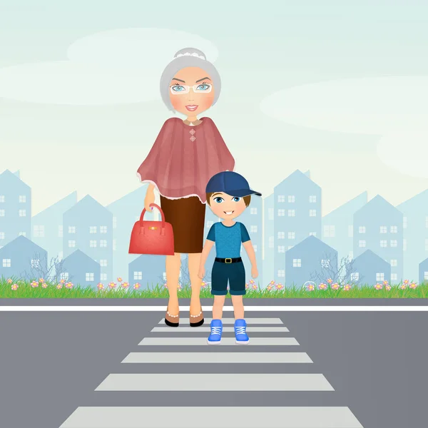 Gyermek-, idős hölgy a crosswalk — Stock Fotó