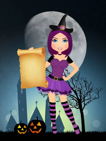 Хэллоуинская ведьма с пергаментом — стоковое фото