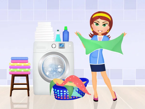 Frau wäscht die Wäsche — Stockfoto