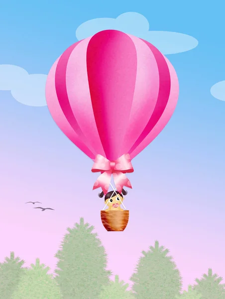 Meisje van de baby op hete luchtballon — Stockfoto