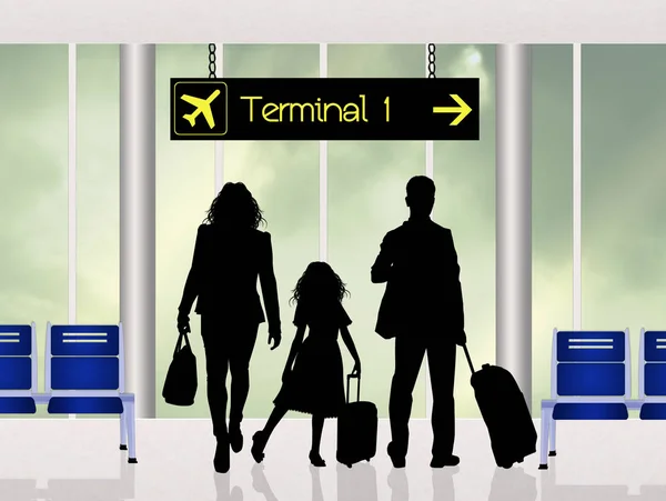 Familjen på terminalen i flygplats — Stockfoto