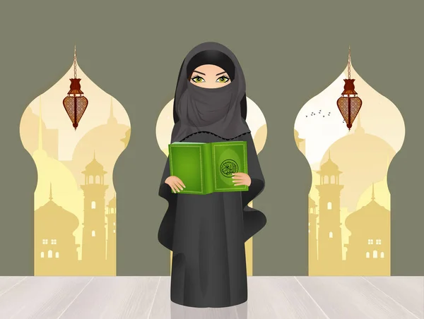 Muslimsk flicka med islams heliga bok Koranen — Stockfoto