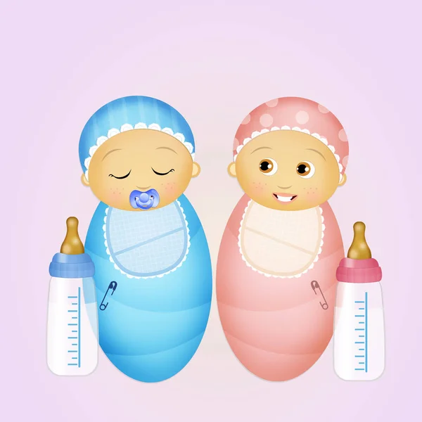 Babies with baby bottle — Stock Photo, Image