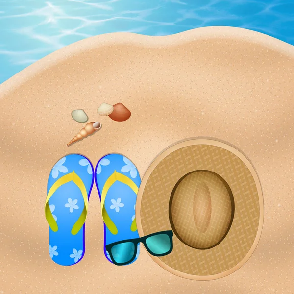 Пляжний капелюх, тапочки і сонцезахисні окуляри на пляжі — стокове фото