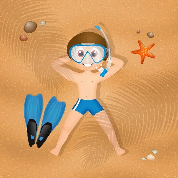 Мальчик с маской аквалангиста на пляже — стоковое фото