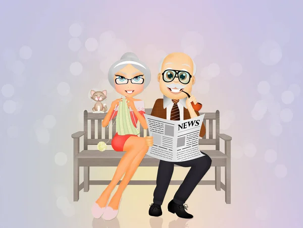 Dziadek i babcia siedzi na ławce — Zdjęcie stockowe