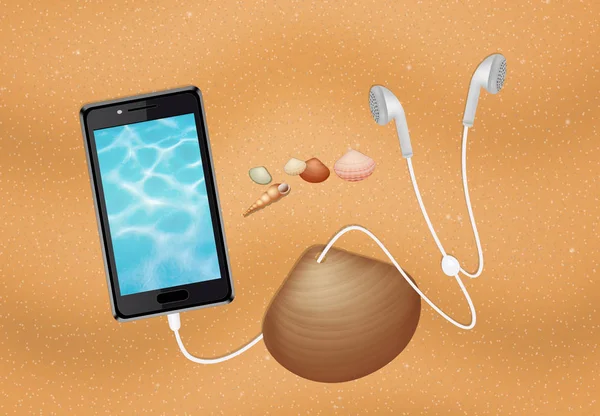 Smartphone med hörlurar hörlurar på stranden — Stockfoto