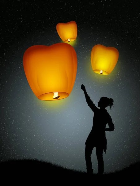 Sky lantaarns in de nacht — Stockfoto