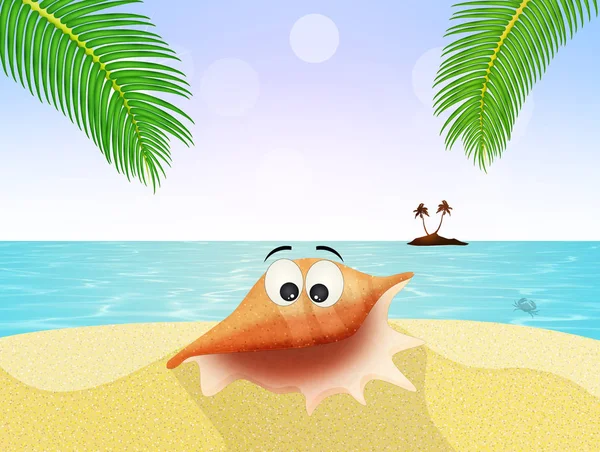 Funny shell cartoon on the beach — Stock Photo, Image