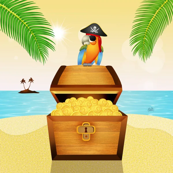 Treasure chest och pirate papegoja — Stockfoto