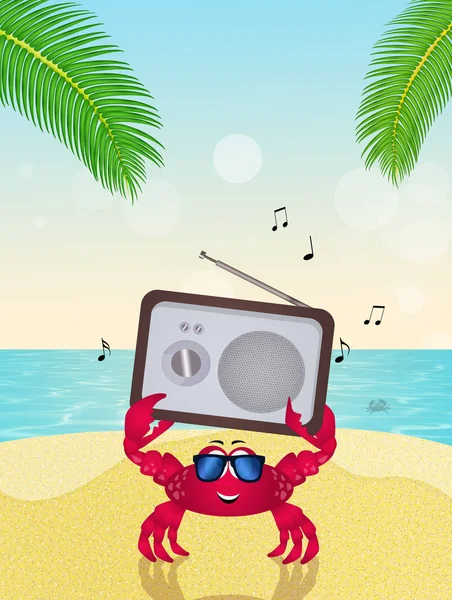Funny crab with radio on the beach — Stock Photo, Image