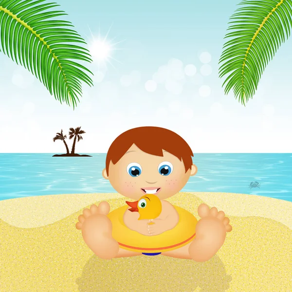 Baby med livbojen på stranden — Stockfoto
