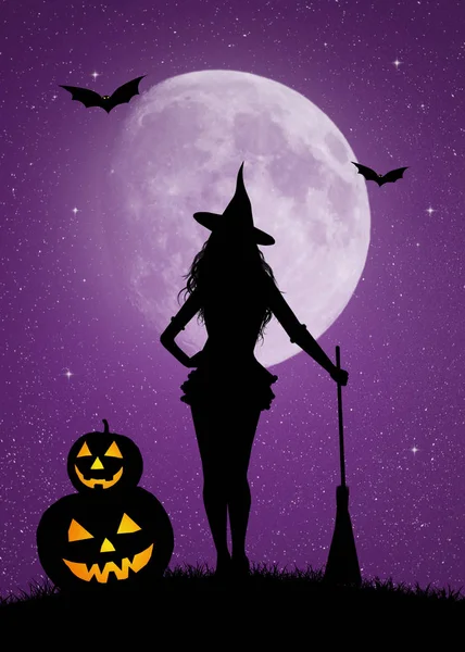 Halloween-Hexe im Mondschein — Stockfoto