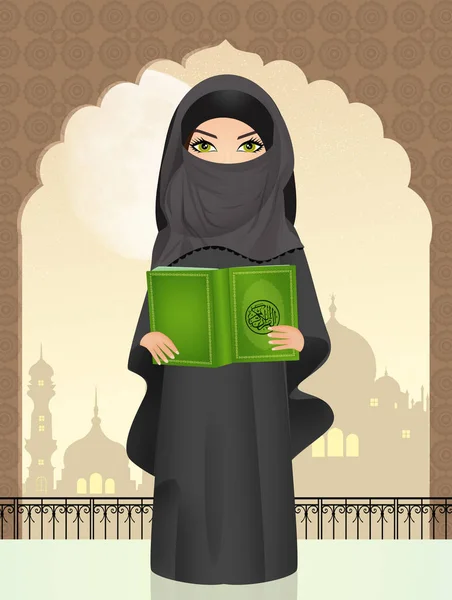 Μουσουλμανικές κορίτσι με το ιερό βιβλίο του Ισλάμ το Κοράνι — Φωτογραφία Αρχείου