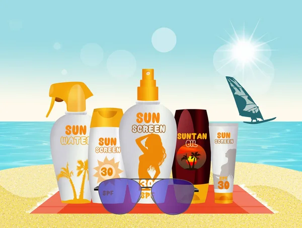 Sunscreen set with sun protection cream, lotion and water solar on the beach