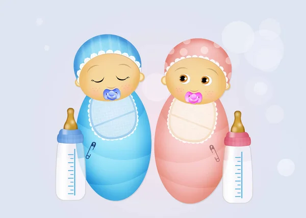 Babies with baby bottle — Stock Photo, Image
