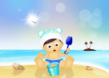 Çocuk kumsalda kumla oynuyor.