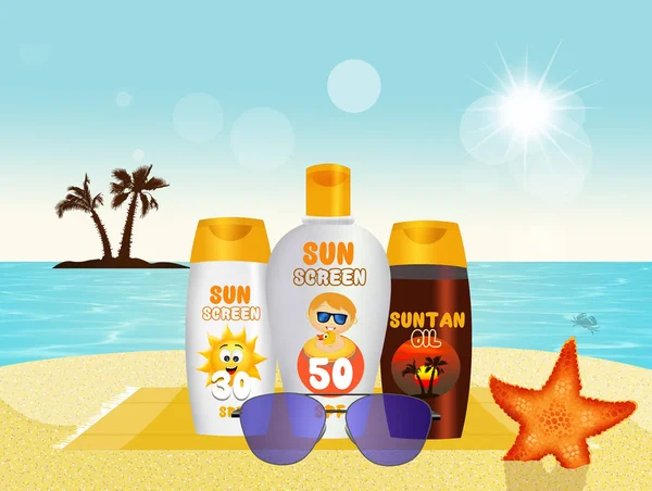 Sonnencreme mit Sonnenschutzcreme, Lotion und Sonnenöl — Stockfoto