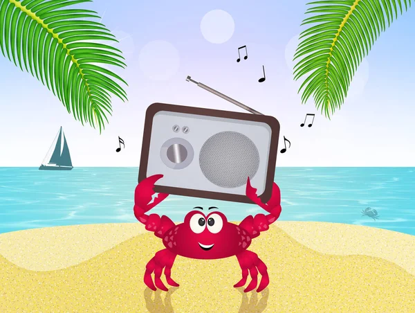 Crab with radio on the beach — Stock Photo, Image