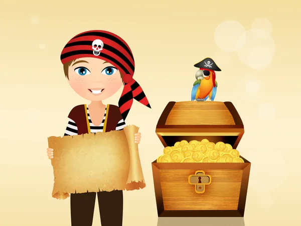 Pirata criança com caixa de tesouro — Fotografia de Stock
