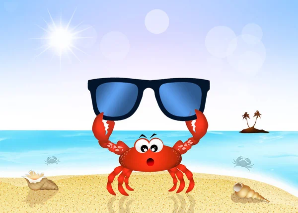 Crab with sunglasses on the beach — Stock Photo, Image