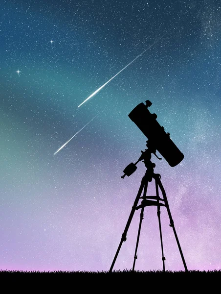 Telescope silhouette and shooting stars — Stock Photo, Image