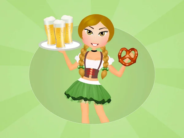 Oktoberfest girl with beer and pretzel — Stock Photo, Image