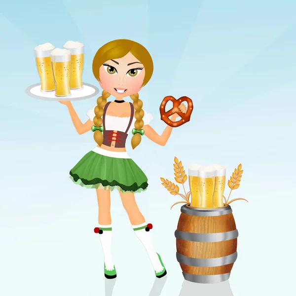 Oktoberfest meisje met bier en krakeling — Stockfoto