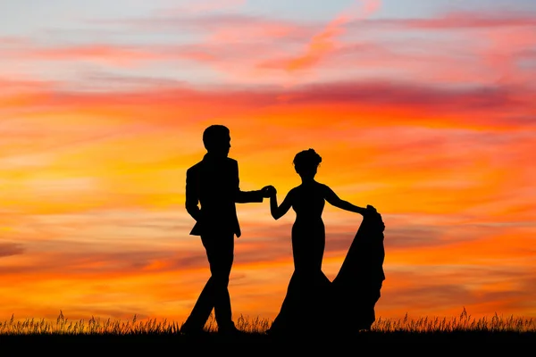 Frisch verheiratete Silhouette bei Sonnenuntergang — Stockfoto