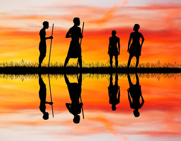 Silueta de los hombres africanos al atardecer — Foto de Stock