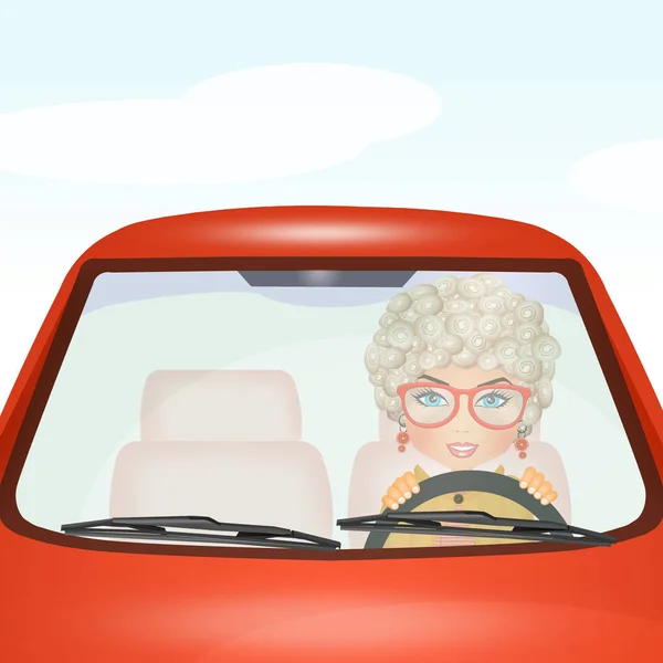 Old woman at the wheel — Stock Photo, Image