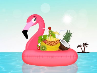 Taze meyve ile şişme pembe flamingo