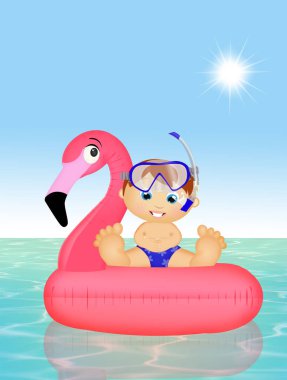 Çocuk şişme pembe flamingo üzerinde