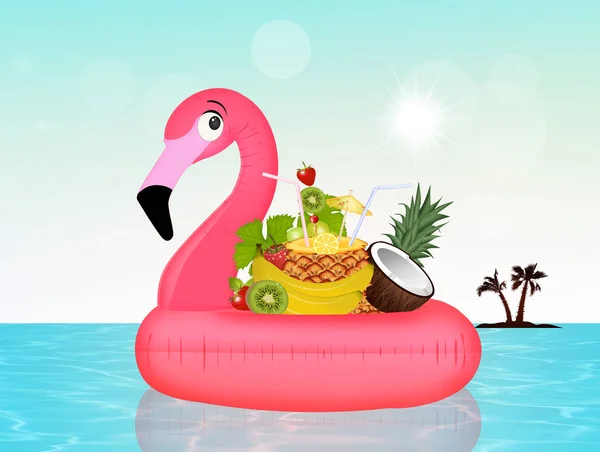 Taze meyve ile şişme pembe flamingo — Stok fotoğraf