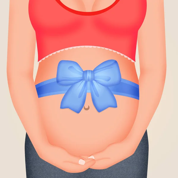 Blue ribbon on pregnant women — Stock Photo, Image