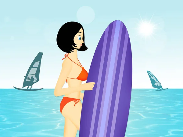 Chica con surf en la playa — Foto de Stock
