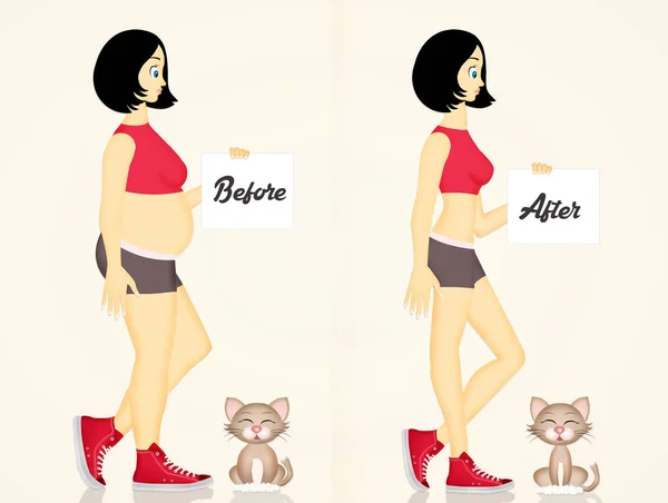 Girl and cat before and after the diet — Stock Photo, Image