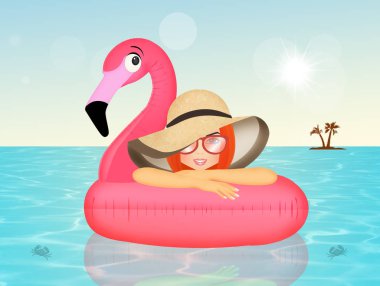 Kız infaitable pembe flamingo üzerinde