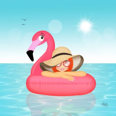 Kız infaitable pembe flamingo üzerinde