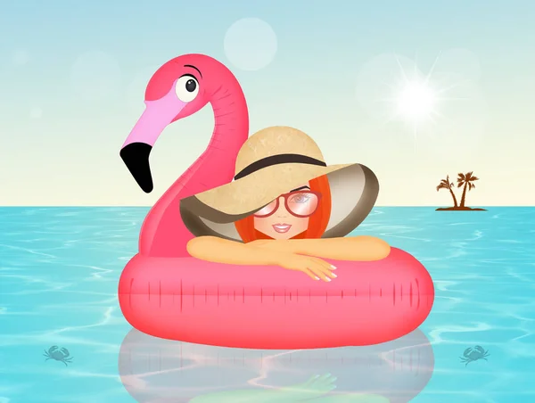 Girl on infaitable pink flamingo — Stock Photo, Image